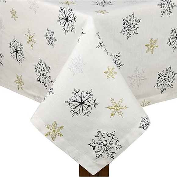 Kate Spade Elegant Snowflake Tablecloth - White, Black, and Gold - Picture 1 of 3